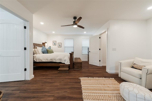 bedroom featuring dark wood finished floors, recessed lighting, baseboards, and ceiling fan