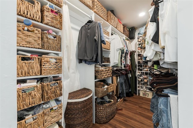 walk in closet with wood finished floors