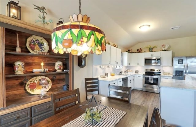 42195 Elles Way, Shawnee, OK 74804 - kitchen featuring stainless steel appliances, wood finished floors, vaulted ceiling, white cabinetry, and light stone countertops