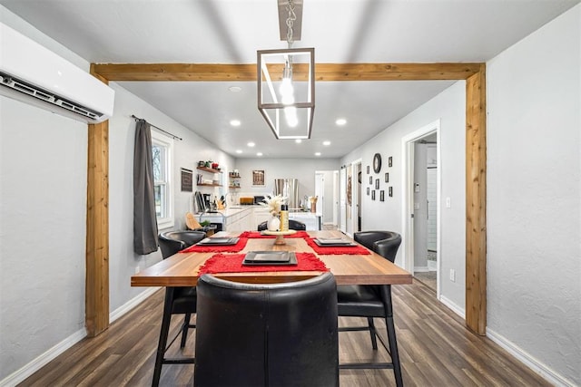 dining area featuring recessed lighting, baseboards, dark wood-type flooring, and a wall unit AC