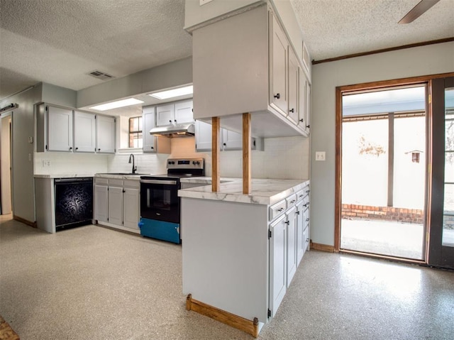 kitchen featuring a wealth of natural light, visible vents, under cabinet range hood, black dishwasher, and stainless steel electric range oven