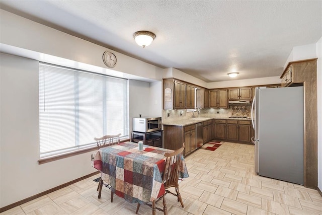 kitchen with tasteful backsplash, under cabinet range hood, stainless steel appliances, a textured ceiling, and a sink