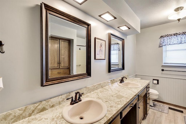 bathroom with a wainscoted wall, toilet, wood finished floors, and a sink