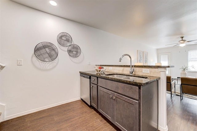 kitchen featuring a sink, dark brown cabinetry, dark stone counters, a peninsula, and stainless steel dishwasher