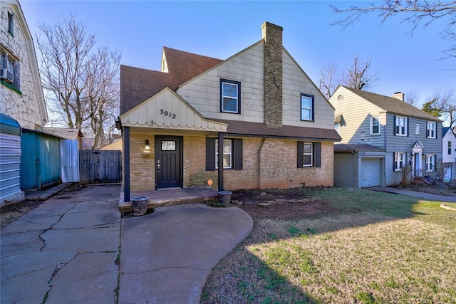 view of front of property with brick siding, a shingled roof, fence, a chimney, and crawl space