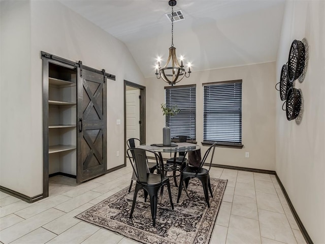 dining area featuring light tile patterned floors, visible vents, vaulted ceiling, a barn door, and a notable chandelier