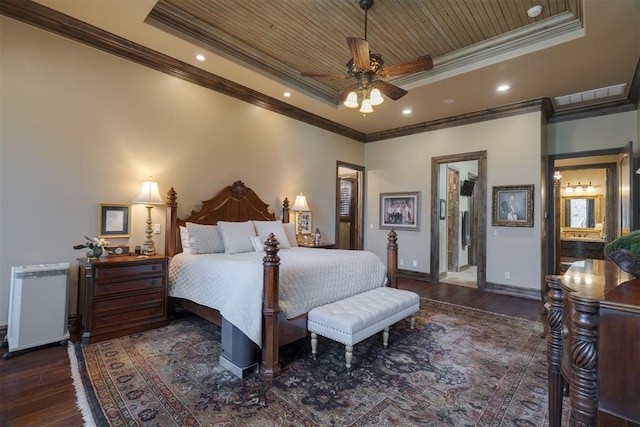 bedroom featuring a tray ceiling, wood ceiling, and wood finished floors