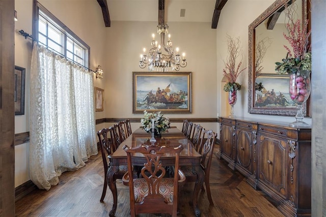 dining room with beam ceiling, a notable chandelier, parquet flooring, and visible vents