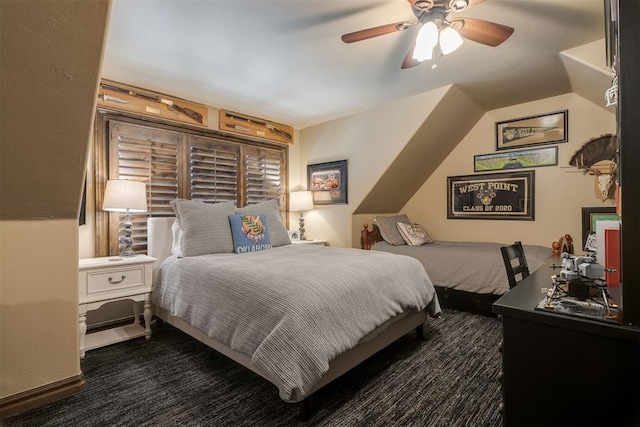 bedroom featuring a ceiling fan and vaulted ceiling