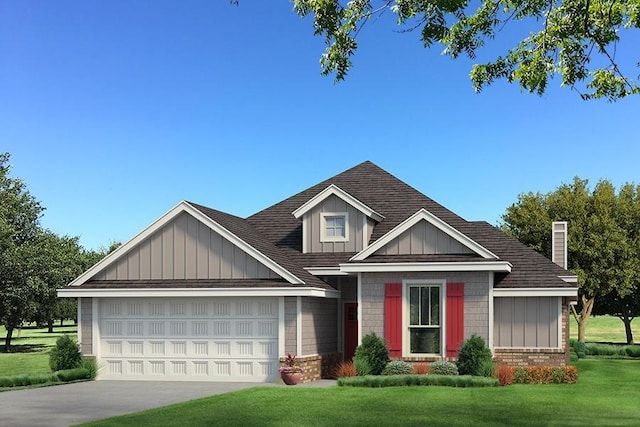 craftsman house with board and batten siding, a shingled roof, a front lawn, concrete driveway, and a garage