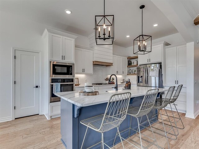 114 Alamosa Rd, Norman, OK 73069 - kitchen featuring stainless steel appliances, a chandelier, white cabinets, open shelves, and recessed lighting