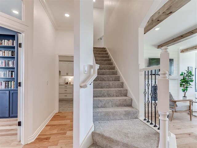 114 Alamosa Rd, Norman, OK 73069 - staircase with wood finished floors, baseboards, recessed lighting, and crown molding