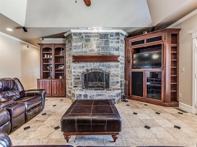 living area featuring a stone fireplace, light tile patterned floors, recessed lighting, and ornamental molding