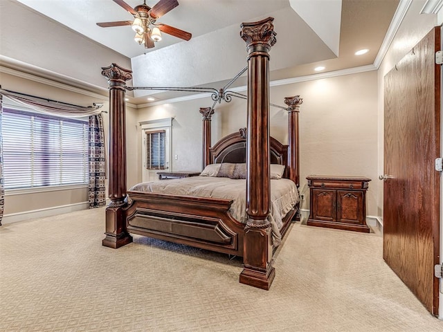 bedroom featuring baseboards, carpet, ornamental molding, and ornate columns