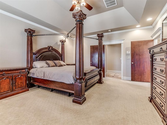 bedroom with visible vents, recessed lighting, crown molding, carpet flooring, and a raised ceiling