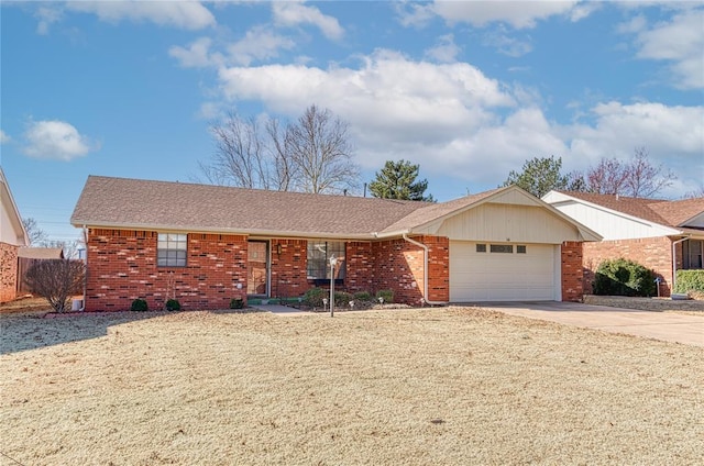 ranch-style home featuring brick siding, driveway, a garage, and roof with shingles