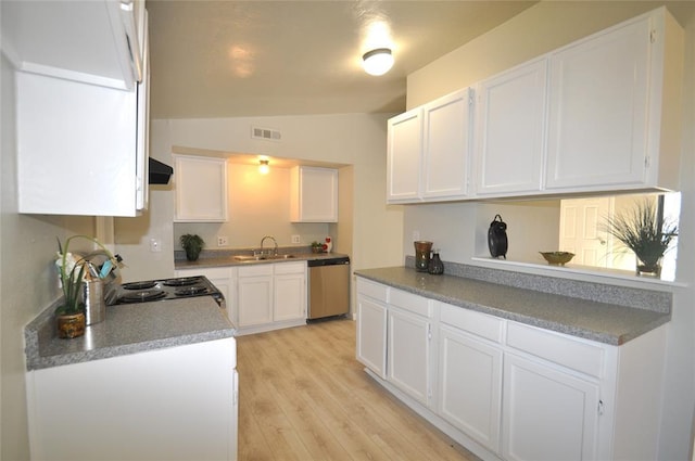 2121 Memphis Dr, Norman, OK 73071 - kitchen featuring visible vents, dishwasher, light wood-style flooring, white cabinets, and a sink