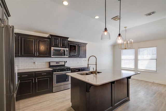 kitchen featuring visible vents, lofted ceiling, a sink, appliances with stainless steel finishes, and backsplash