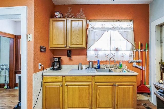 kitchen with light wood finished floors, a sink, light countertops, and a textured wall