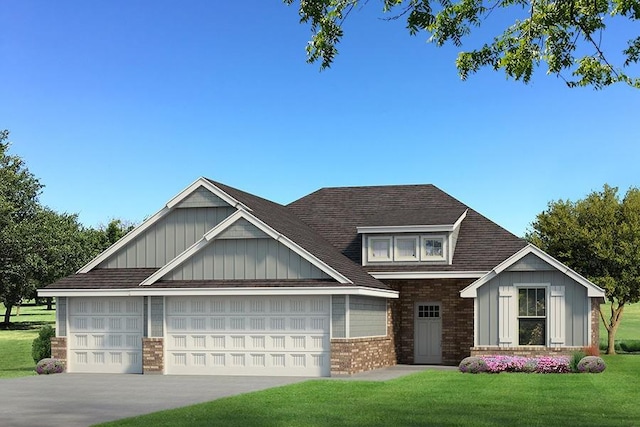 craftsman house featuring brick siding, board and batten siding, concrete driveway, a front yard, and an attached garage