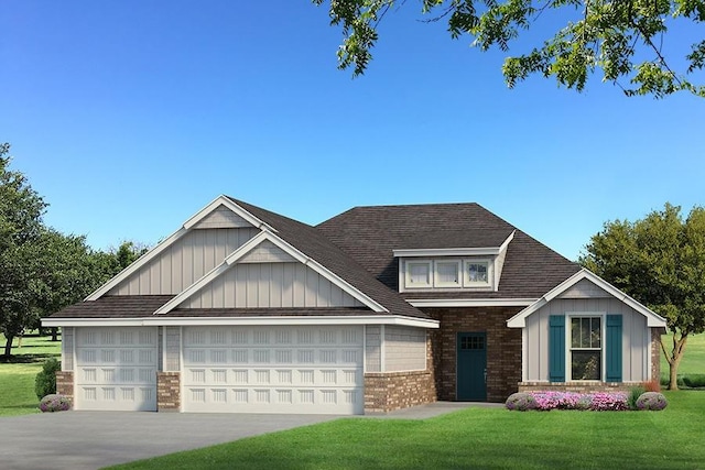 craftsman-style house featuring driveway, a front lawn, board and batten siding, a garage, and brick siding