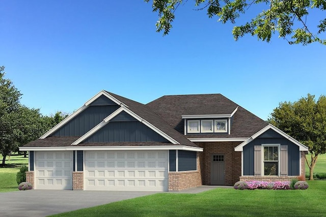 craftsman-style house with brick siding, board and batten siding, concrete driveway, a front yard, and a garage