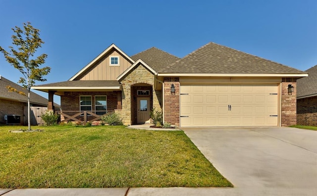 view of front facade with board and batten siding, concrete driveway, a front yard, a garage, and brick siding