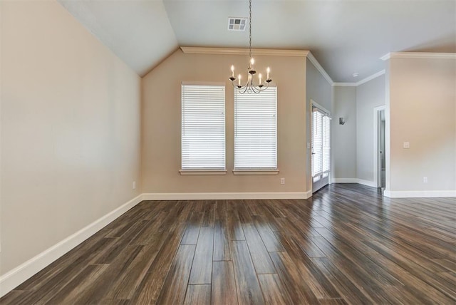 unfurnished dining area featuring visible vents, ornamental molding, dark wood-style floors, baseboards, and a chandelier