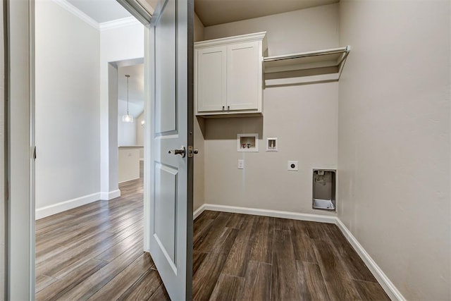 laundry room with baseboards, cabinet space, dark wood-style flooring, electric dryer hookup, and washer hookup