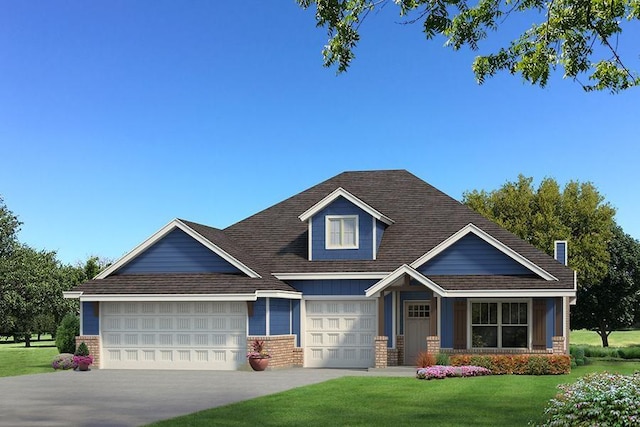 craftsman house with brick siding, board and batten siding, concrete driveway, and a front lawn