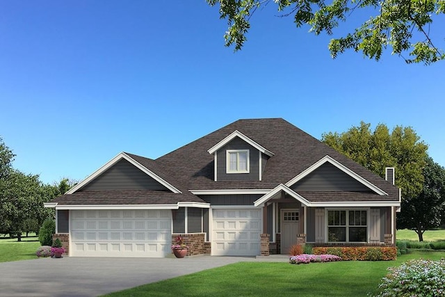 craftsman house featuring a front yard, concrete driveway, brick siding, and board and batten siding