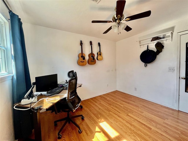 office space with a ceiling fan and wood finished floors