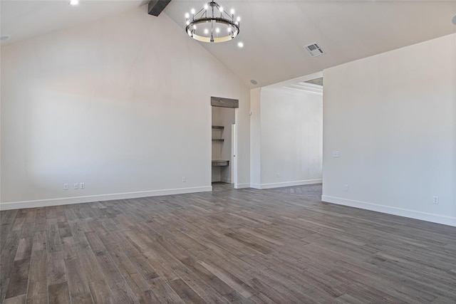 unfurnished room with visible vents, high vaulted ceiling, beam ceiling, dark wood-type flooring, and a chandelier