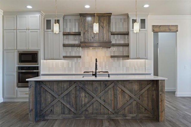 kitchen featuring open shelves, light countertops, black microwave, and oven