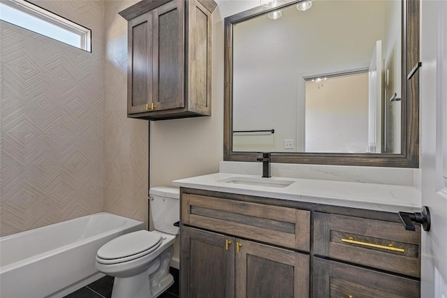 bathroom with toilet, shower / washtub combination, vanity, and tile patterned flooring