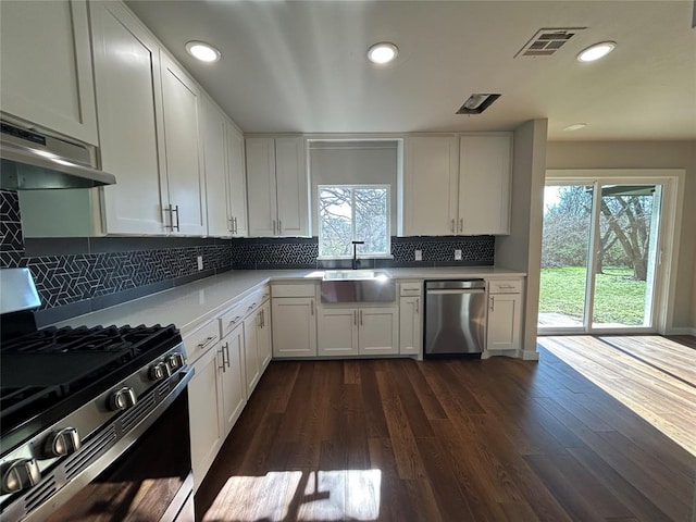 kitchen featuring dark wood finished floors, a sink, stainless steel appliances, light countertops, and white cabinets