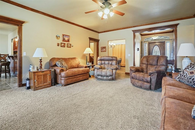 12611 N County Road 3232nd Rd, Paoli, OK 73074 - living room featuring ornamental molding, carpet flooring, and ceiling fan
