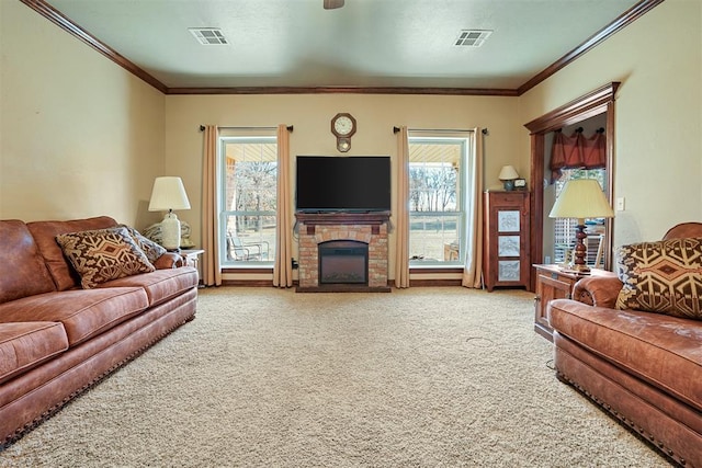 12611 N County Road 3232nd Rd, Paoli, OK 73074 - living room featuring visible vents, a healthy amount of sunlight, and crown molding