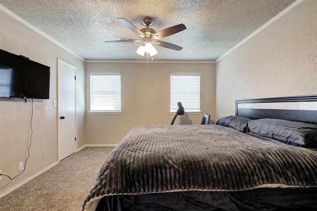 carpeted bedroom featuring multiple windows, a textured ceiling, and crown molding