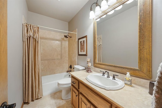 bathroom featuring toilet, shower / bath combo, vanity, and tile patterned flooring