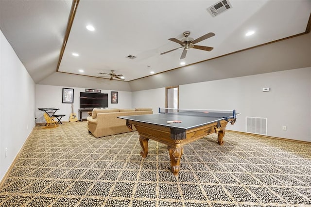 recreation room featuring vaulted ceiling, recessed lighting, carpet, and visible vents