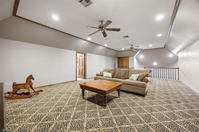 living area featuring vaulted ceiling, recessed lighting, carpet, and visible vents