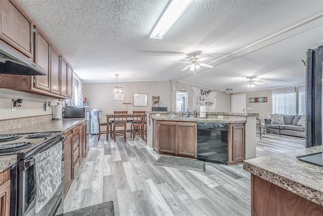 kitchen with light wood-style flooring, black appliances, a ceiling fan, and vaulted ceiling