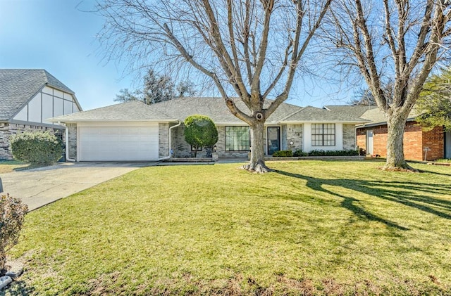 ranch-style home with brick siding, a front lawn, concrete driveway, and a garage