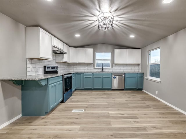 kitchen featuring tasteful backsplash, blue cabinetry, under cabinet range hood, electric stove, and stainless steel dishwasher