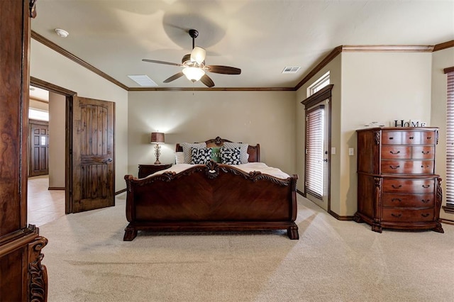 bedroom featuring light carpet, visible vents, a ceiling fan, and ornamental molding