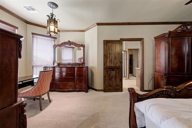 bedroom featuring visible vents, baseboards, light colored carpet, and crown molding