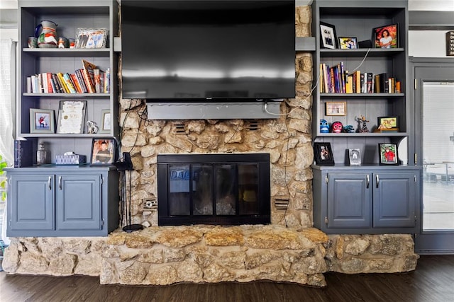 living area featuring a fireplace and wood finished floors