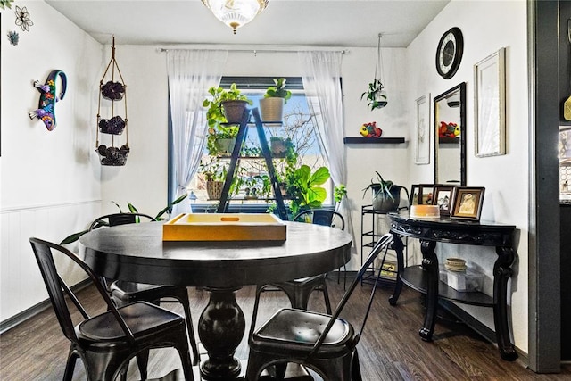 dining space featuring dark wood-style flooring and wainscoting