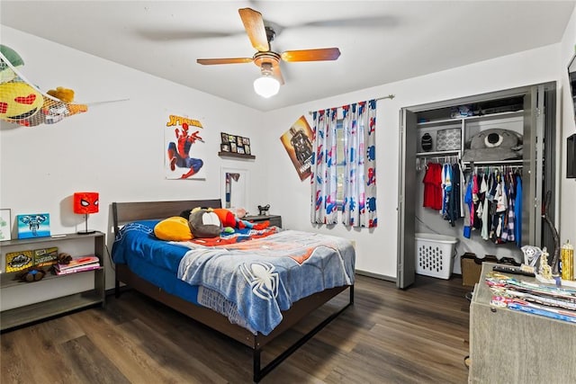 bedroom with a closet, ceiling fan, and wood finished floors